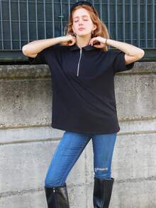 SILVIA DI SANTO 女士休闲商务部分纽扣前开襟polo领宽松短袖T恤老款，商务休闲女装，教师装 - 黑色 - 查看 3