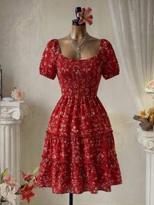 Femesol Vestido con estampado floral de manga farol con fruncido bajo a capas - Multicolor - Ver 1