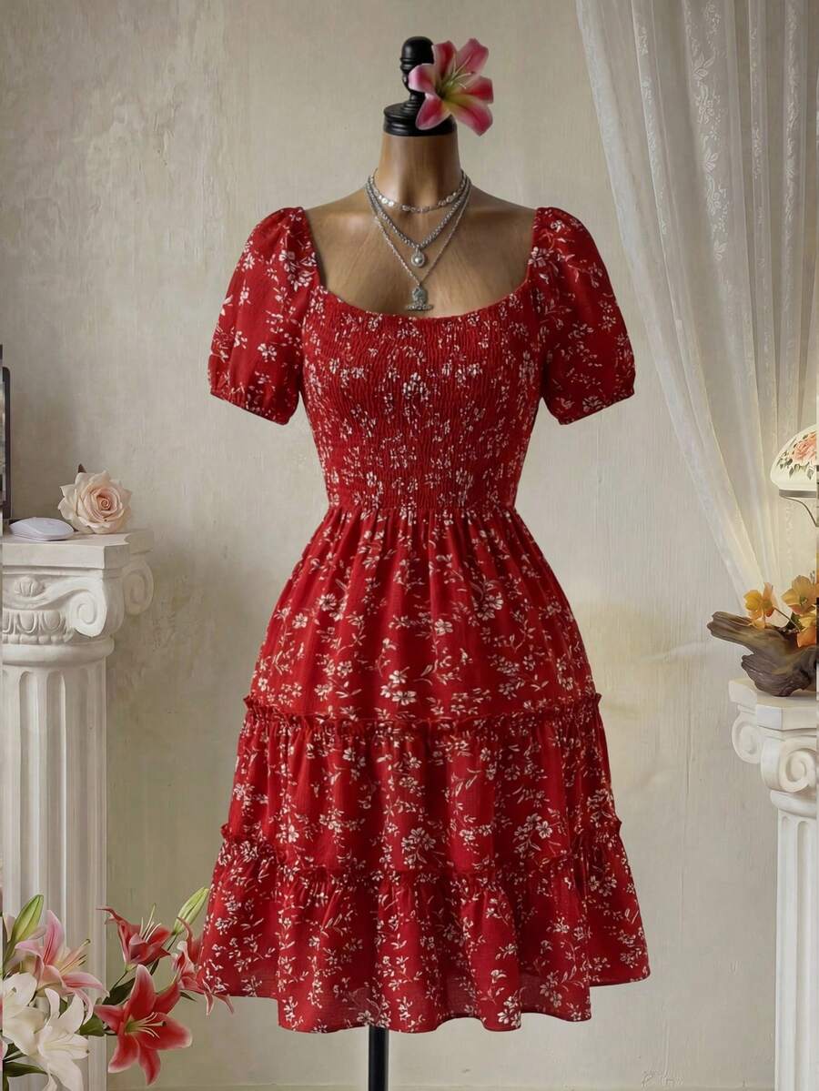 Femesol Vestido con estampado floral de manga farol con fruncido bajo a capas - Multicolor - Ver 1