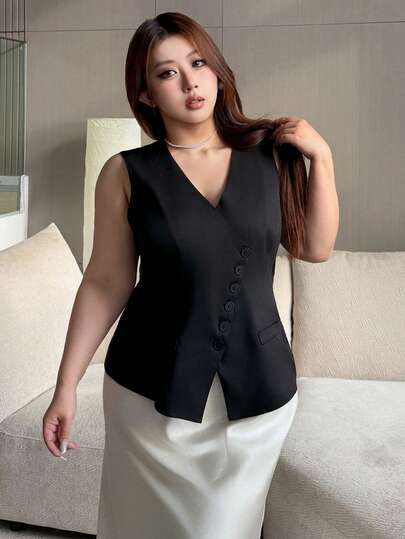 Vibekara Elegant Minimalist Office Lady Commute Workwear Sleeveless V-Neck Button Front Vest, Plus Size