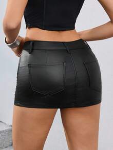 Flirla Y2K Low Waist Fashion Star Studded PU Coated Mini Skirt - Black - View 3