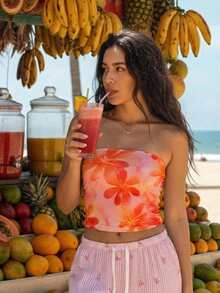 Aloruh 女士紧身性感橙色芙蓉印花无肩带抹胸上衣 - 夏季海滩度假装扮，适合春假、热带岛屿婚礼、周年纪念、伴娘派对、约会之夜、婚礼宾客、新娘送礼会、波西米亚音乐节及时尚夏季服饰 - 彩色 - 查看 7