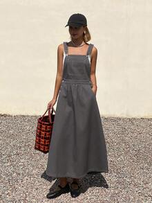 Livesso Women's Casual Denim Pinafore Dress - Grey - View 3