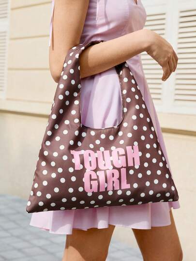 Viva Strut 1 pieza Bolso de hombro con estampado de lunares marrones y letras inglesas rosas, de moda, personalizado, sencillo, versátil, de calle, dulce y fresco para chicas, chicas calientes, Y2K, retro, remaches, vintage, para uso diario, compras