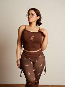 Lupita Cardoza 可爱鹿刺绣蕾丝上衣搭配鹿印花喇叭裤 - 棕色 - 查看 4