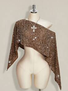SHEIN ICON Women's Sequin Shoulder Cut Short Casual Versatile Daily Wear Top,Summer Top - Brown - View 5