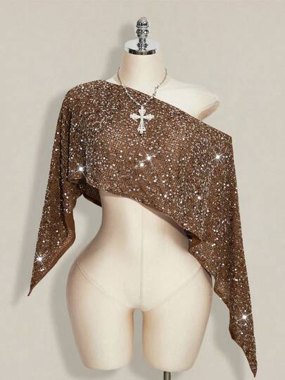 SHEIN ICON 女士亮片露肩短款休闲百搭日常上衣