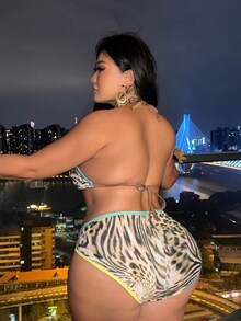 Slaydiva Conjunto de biquíni plus size feminino com estampa de leopardo, casual, para férias na praia. - Multicolorido - Ver 2