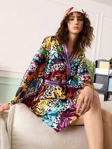 Chillnights Áo choàng satin thoải mái, trẻ trung, năng động với họa tiết da báo và hổ nhiều màu sắc, có dây buộc eo. - Nhiều màu - Xem 5