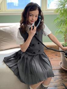 DAZY Tween Girl Preppy Style Double-Breasted Vest & Pleated Skirt Set - Grey - View 2