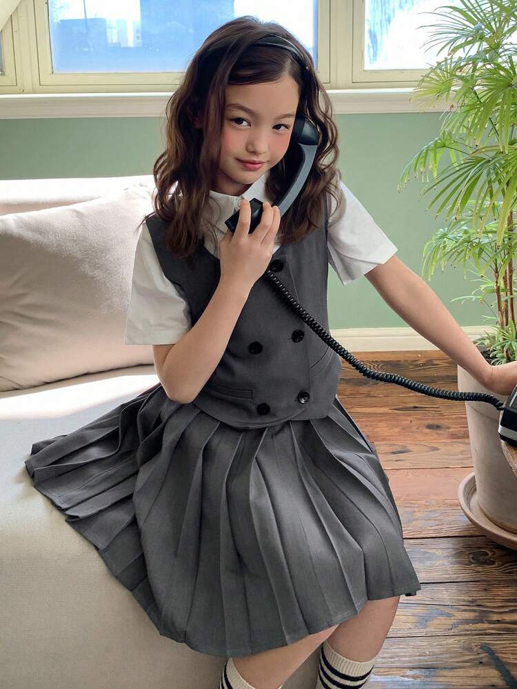 Tween Girl Preppy Style Double-Breasted Vest & Pleated Skirt Set Summer