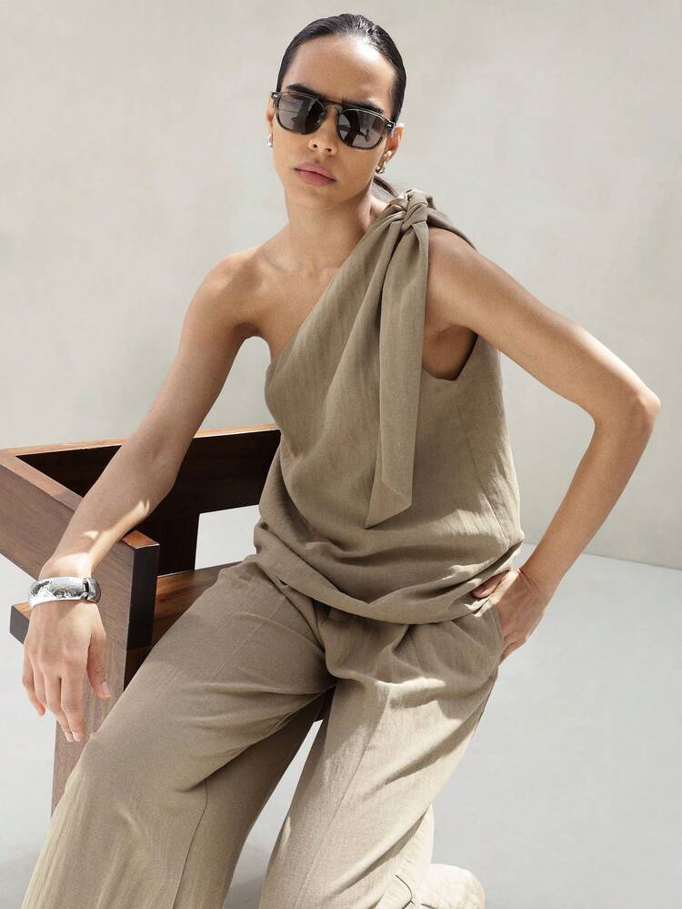 KSTM Women's One Shoulder Asymmetrical Top With Tie Detail Bow Accent Summer Casual Blouse Minimalist Chic Contemporary Fashion