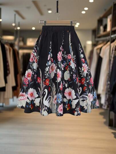 Rafferiza Vintage Print Puff Ruched Waist Flared A-Line Skirt For Women, Spring/Summer