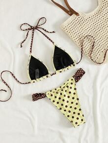 Swim Mod New Polka Dot Print Sexy High Waist Tie-Front Triangle Bikini Set, Women's Halter Neck Swimsuit For Beach & Vacation - Multicolor - View 2