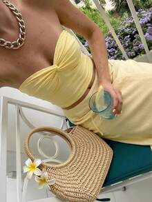 KARISMINA 女士春夏度假奶油黄弹力修身抹胸上衣，女士浪漫优雅性感扭结抹胸上衣 - 淡黃色 - 查看 5