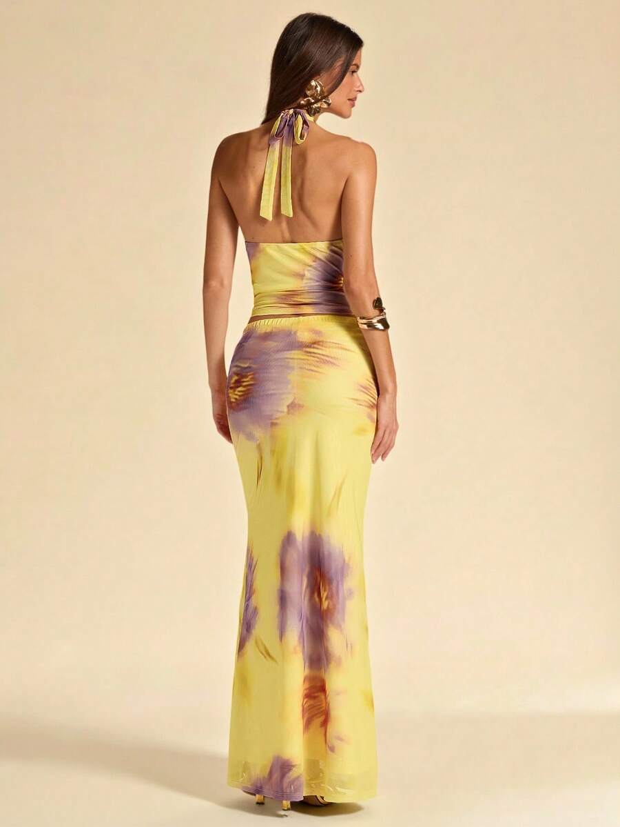 SHEIN BAE 女士印花垂领吊带背心和迷你裙两件套度假套装 - 黃色 - 查看 1