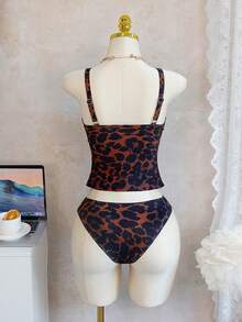 Women's Leopard Print V-Neck Tankini Swimwear Set, Casual Vacation Mature Style, Adjustable Straps, Slimming Design, Spring/Summer Animal Print Swimwear Women's Swimsuits Leopard One Piece Swimsuit Leopard Print One Piece Festival Outfits For Women Party Outfit,Beach Outfits - Multicolor - View 3