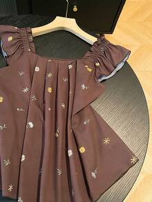 Women's Square Neck Cap Sleeve Ruffle Trim Casual Summer Top - Coffee Brown - View 3