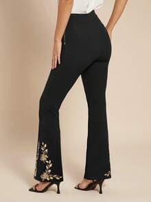 Ellevyn 女士优雅日常通勤植物刺绣侧拉链修身喇叭裤，女士喇叭裤，喇叭裤腿，女士正装裤，刺绣裤，夏季穿搭，夏季裤装，夏季女士复古度假通勤休闲优雅百搭经典黑色刺绣喇叭裤，高腰弹力打底裤，适合工作和所有季节，女士正装裤，女士长裤，黑色喇叭裤 - 黑色 - 查看 2