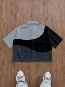 Manfinity ZONE917 Box-Cut Cropped Faux Patchwork Black & Gray Contrast Icon Print Shorts Set, Loose Fit Sweatshirt, Gift For Friends - Multicolor - View 5