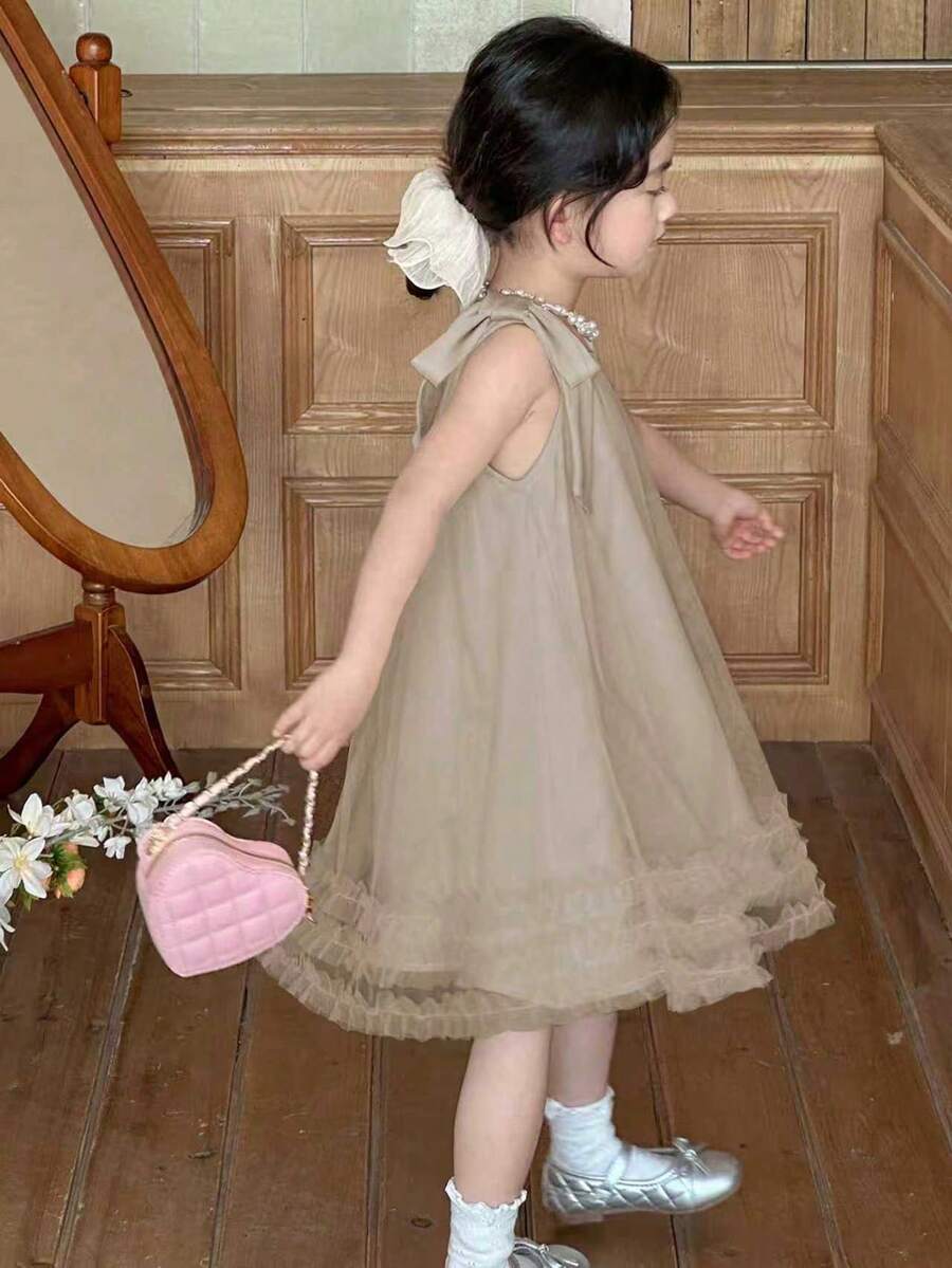 Dazy Kids Đầm lưới không tay màu trơn thanh lịch cho bé gái, trang phục dự tiệc - Màu be - Xem 1