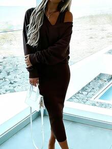 INAWLY 2pcs Women's Set: Solid Color Drop Shoulder Long Sleeve Sweatshirt And Sleeveless Dress - Coffee Brown - View 1