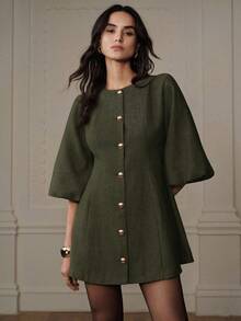 Aveloria Rosie 时尚设计感高端优雅百搭灯笼袖人字纹连衣裙 - 綠色 - 查看 7