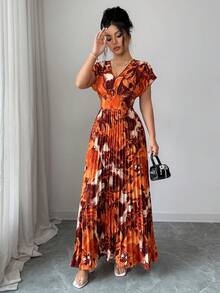 Elenzga Đầm ôm sát eo xếp ly, họa tiết ngẫu nhiên, thanh lịch dành cho nữ, phong cách thời trang mùa lễ hội. - Màu Cam cháy - Xem 3