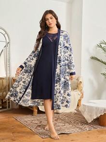 SHEIN Bộ 2 món cỡ lớn: Áo khoác in hoa và áo ngủ hai dây phối ren màu trơn. - Nhiều màu - Xem 1