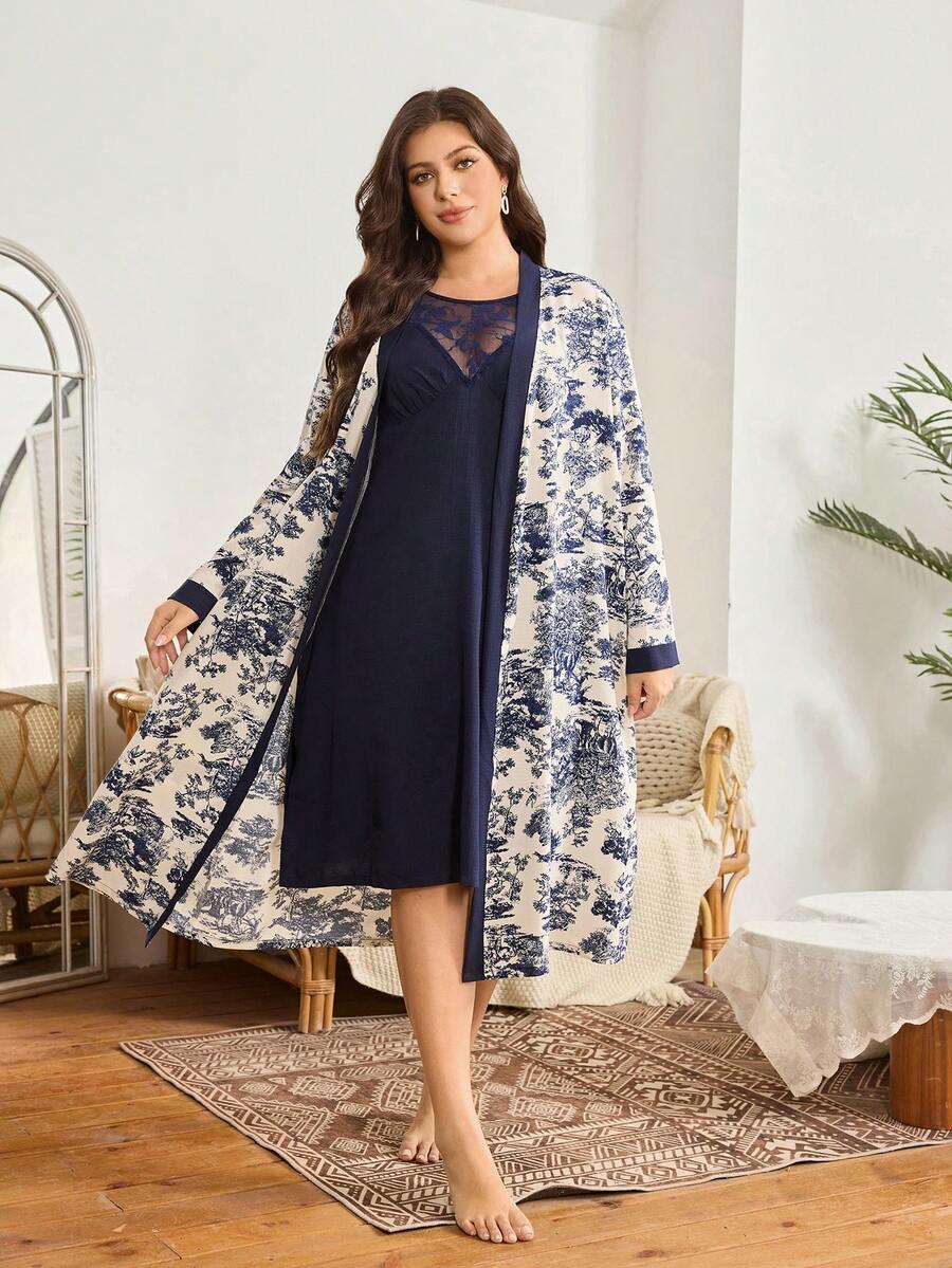 SHEIN Bộ 2 món cỡ lớn: Áo khoác in hoa và áo ngủ hai dây phối ren màu trơn. - Nhiều màu - Xem 1