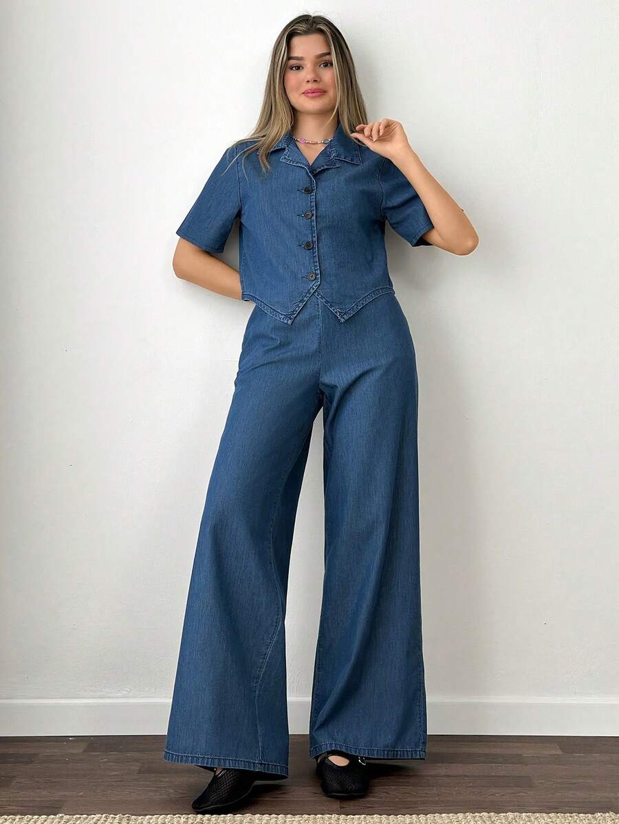SHEIN 2 Pcs, Thin Fabric, Short Sleeve Shirts & Elastic Waist Pants, Denim Set - Medium Wash - View 1
