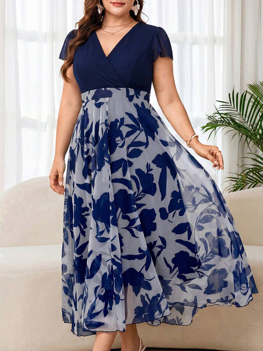 Reflora 大码女士优雅印花连衣裙，夏季婚礼宾客礼服 - 藏蓝色 - 查看 1