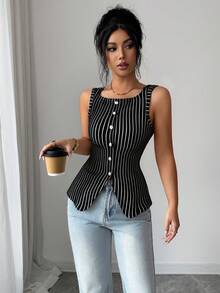 Selianne Women's Fashion Dual-Color Striped Ribbed Sleeveless Round Neck Button Fitted Tank Top, Elegant Commuter Style Latest Tops For Women New Arrivals - Black - View 3
