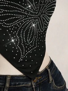 SHEIN ICON 夏季女士黑色哥特风露背性感蝴蝶水钻露背吊带上衣，适合外出、参加科切拉音乐节、夜店等场合，夏季 - 黑色 - 查看 12