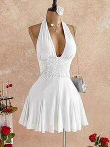 Soleia 新款休闲度假西部海滩婚礼宾客礼服毕业早午餐连衣裙，优雅波西米亚热带情人节圣诞节露背系带裹身裙蕾丝露背蝴蝶结装饰网纱迷你连衣裙，酒红色 - 白色 - 查看 6