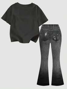 SHEIN 时尚套装，动漫风，少女休闲卡通图案圆领短袖T恤和喇叭裤两件套，适合夏季穿着 - 彩色 - 查看 4