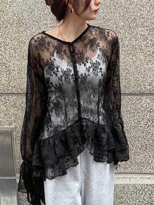 FRIFUL Women's Round Neck Cardigan With Ruffled Hem Contrast Lace Blouse Long Sleeve Tops Women - Black - View 2