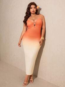 Elaquor 大码女式渐变金属海星装饰紧身吊带裙 - 珊瑚橙 - 查看 5