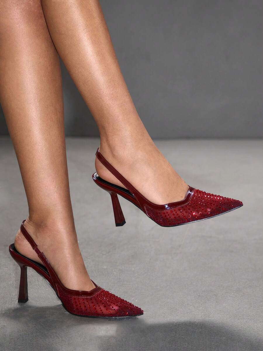CUCCOO SZL Women's Pointed Toe High Heel Black Mesh Rhinestone Embellished Fashionable Sexy Glamorous Party Occasion Stilettos With Ankle Strap - Burgundy mirror 1 - View 1
