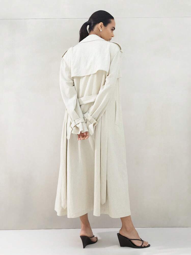KSTM Long Belted Trench Coat With Wide Lapels Double Breasted Closure And Classic Tailored Silhouette For Spring Fall Transitional Outerwear