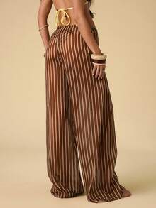 SHEIN BAE Women's Striped Drawstring Waist Casual Versatile Daily Wear Cover Up & Wide Leg Pants Set - Chocolate Brown - View 2