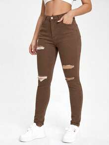 Rivivi Black Slant Pocket Ripped Skinny Jeans - Coffee Brown - View 4