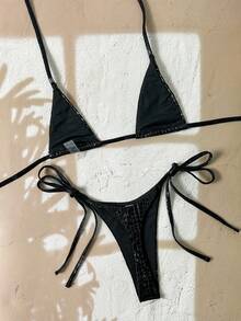Swim SXY Bộ bikini hai mảnh họa tiết da rắn, kiểu buộc dây cổ, đồ bơi gợi cảm cho kỳ nghỉ hè/xuân trên bãi biển. Bộ bikini màu đen dành cho nữ, bộ bikini gợi cảm, bộ bikini cạp cao, bộ bikini đi nghỉ mát cho nữ, bộ bikini nữ, bộ đồ bơi nữ, đồ bơi nữ, đồ tắm nữ. - màu đen - Xem 2