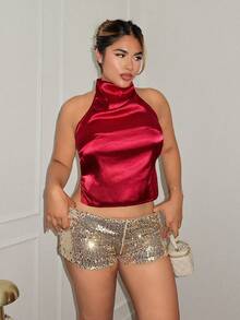 Maria Perezxox 女士性感超低腰闪光亮片迷你短裤，适合夏季海滩、毕业典礼、复活节、音乐会、纳什维尔度假、舞会、街头朋克、音乐节 - 金色 - 查看 5