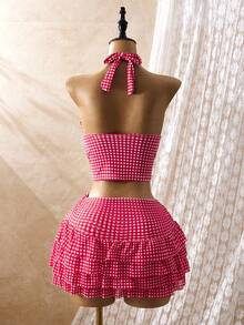 Bellisia Conjunto de traje de baño de tankini con estampado floral de tirantes finos y minifalda para vacaciones en la playa de mujer - Rojo - Ver 2