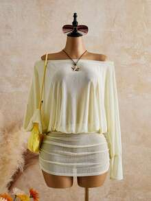 Bonvoyette 女士纯色露肩长袖褶皱罩衫连衣裙，度假款 - 杏色 - 查看 4