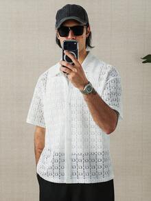 HUEFORM 男士夏季度假款前扣宽松镂空短袖衬衫 - 白色 - 查看 6
