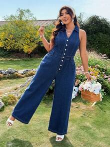 Breezaya Plus Size Sleeveless Casual Denim Jumpsuit, Summer - Blue - View 4