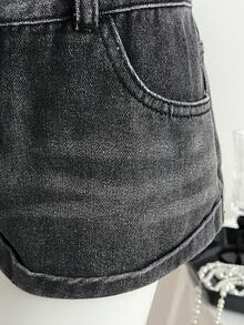 Elamini Women's Summer Washed Slant Pocket Denim Shorts - Black - View 4