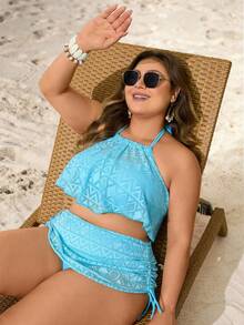 Swim Lushoire Plus Size Women Geometric Pattern Casual Beach Halter Tie Tankini Swimwear Bottom - Dark Green - View 6
